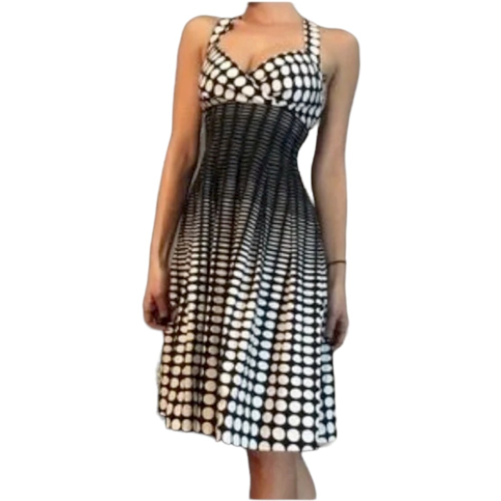 Calvin Klein Black & White Sleeveless Polka Dot Strap Halter Midi Dress, Sz 8